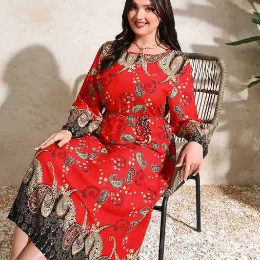 Ethnic Loose Maxi Dress Cashew Printed Long Sleeve