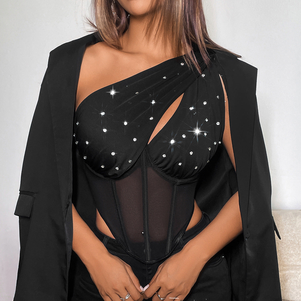 Black embellished one-shoulder corset top from Charming Diamond Boning Corset, stylish fashion ملابس