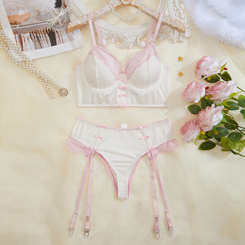 Elegant white and pink lingerie set from Underwear Lace See Through Temptation Bra T Back Two Piece Set for fashionable ملابس
