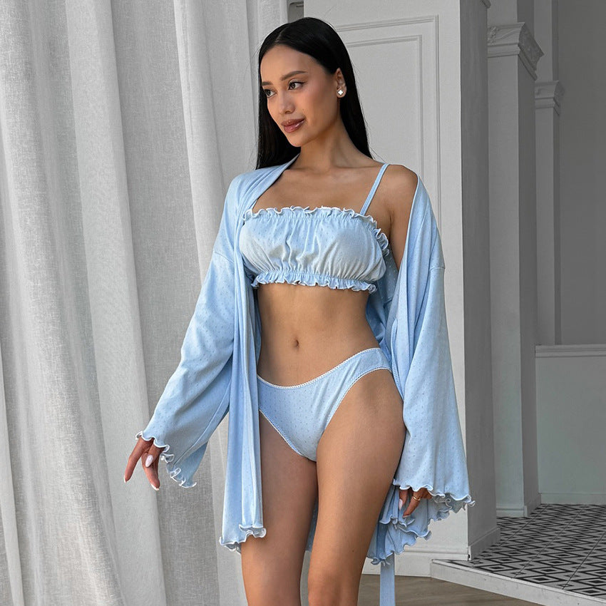 Light blue ruffled langry fashion bikini set with robe