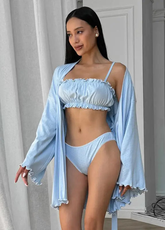 Light blue ruffled langry bikini set with robe, fashion homewear