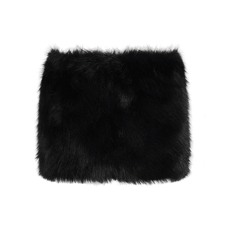 Black faux fur scarf on Langry furry stitching hip short skirt, plush fashion ملابس