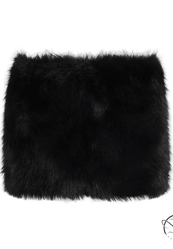 Langry fashion black faux fur scarf on furry stitching hip short skirt