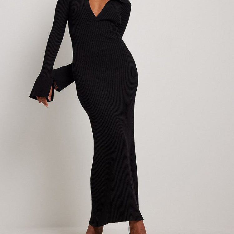 Black ribbed knit maxi dress from Knitted Deep V Plunge Maxi Dress collection, perfect for fashion-forward styling