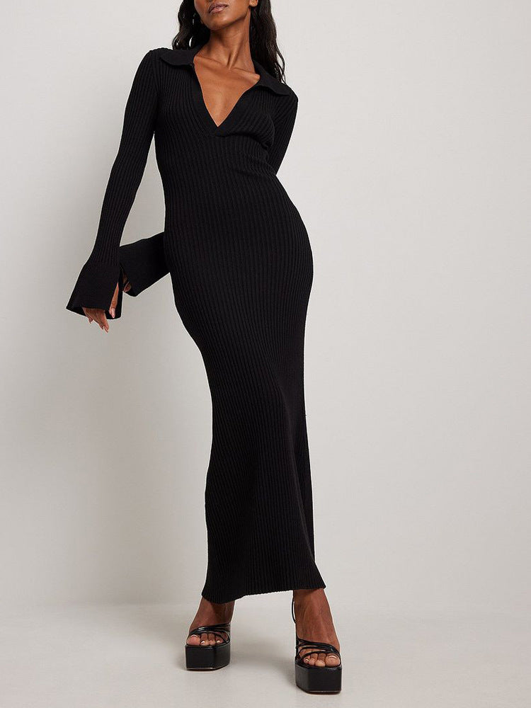 Black ribbed knit maxi dress from Knitted Deep V Plunge Maxi Dress collection, perfect for fashion-forward styling