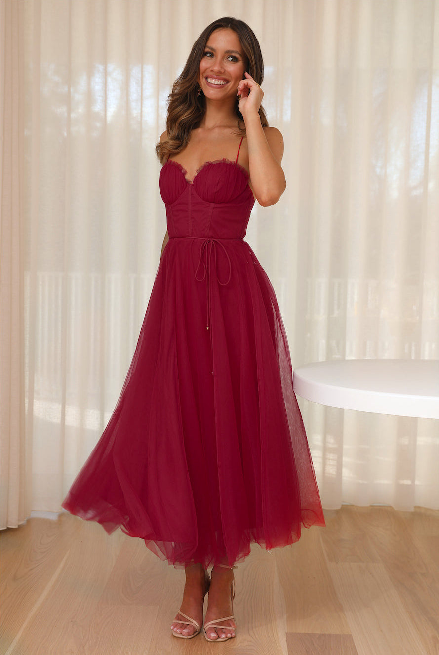 Elegant red tulle dress from ELEGANT SLING DRESS collection, perfect for a sexy sling dress look
