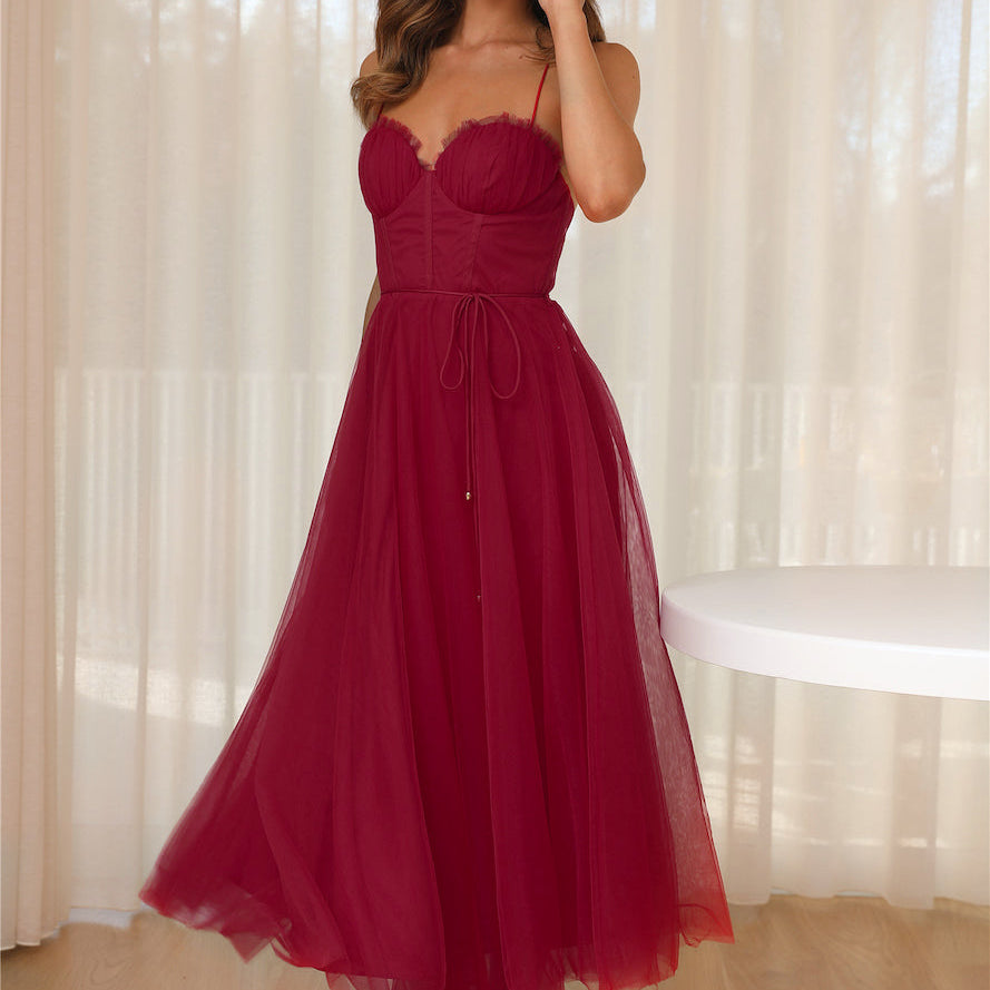 Elegant red tulle dress from ELEGANT SLING DRESS collection, perfect for a sexy sling dress look