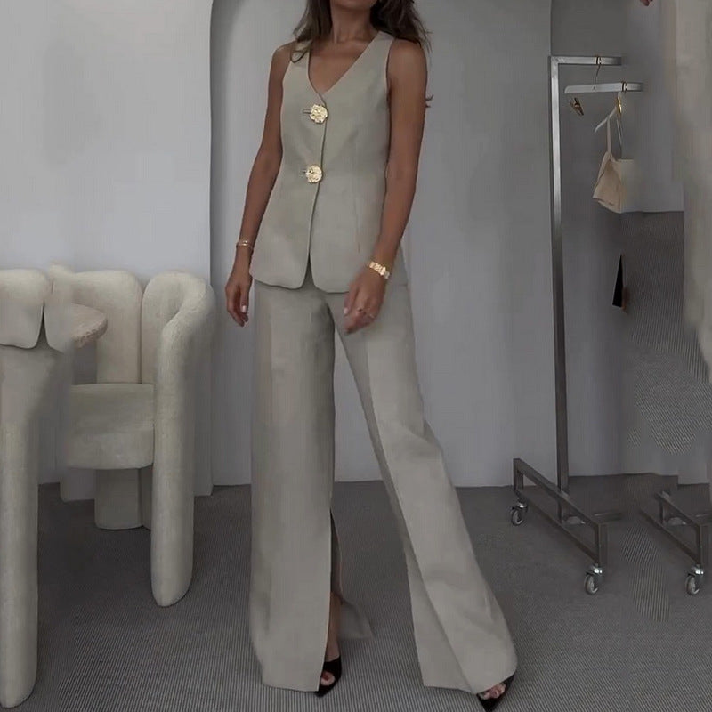 Beige sleeveless suit with wide-leg pants from Autumn Casual Women Clothing set, stylish fashion ملابس