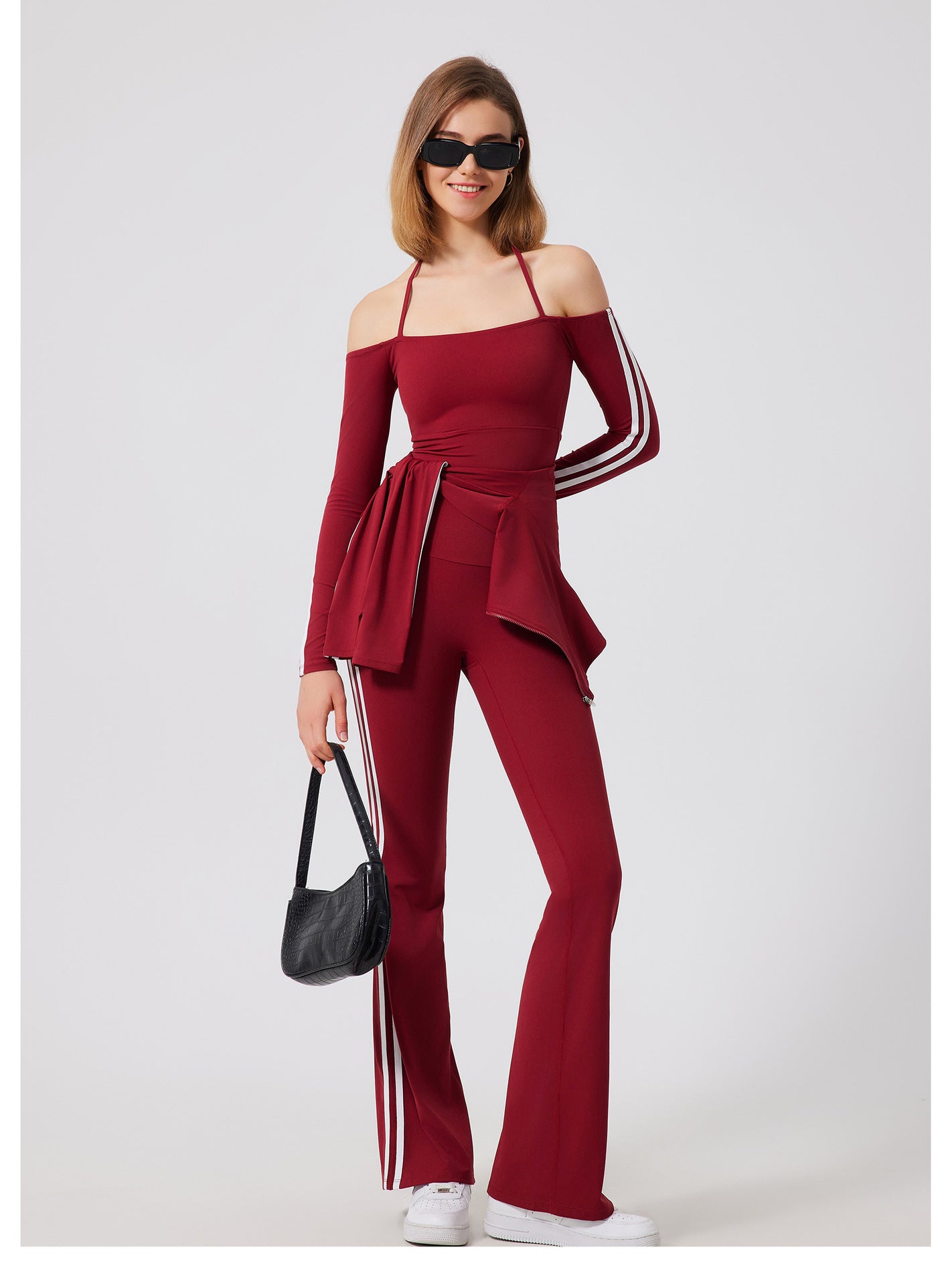 Burgundy off-shoulder running skin friendly jumpsuit with stripes