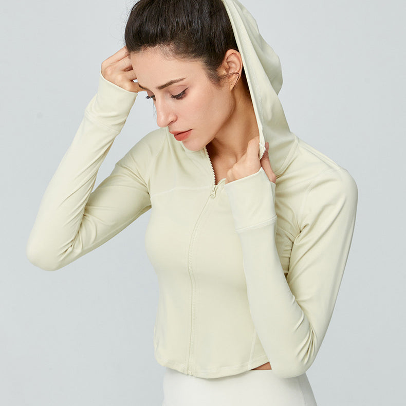 Light green hooded athletic jacket from Langry for women’s workout fashion ملابس