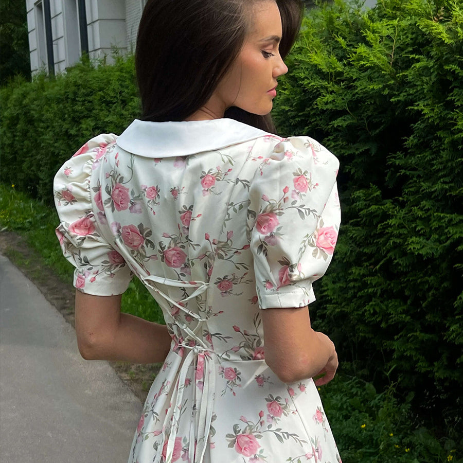 French v Neck Puff Sleeve Short Ruffled Dress