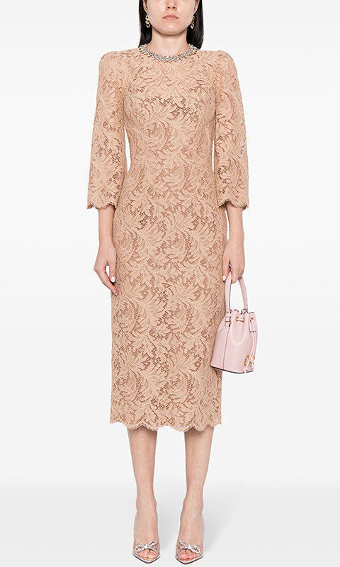 Beige lace midi dress, part of the Elegant Slim Lace Dress collection by Langry fashion ملابس