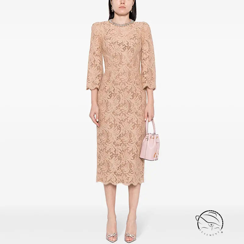 Elegant slim lace midi dress in beige
