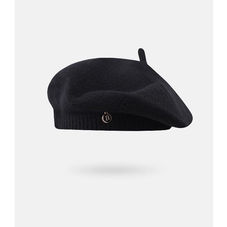 Black knit beret with logo from Knitted Korean Small Painter Cloud Hat, a stylish fashion ملابس piece