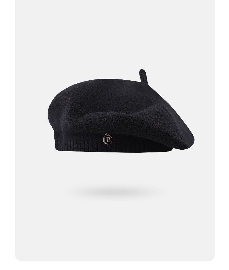 Black knit beret with logo from Knitted Korean Small Painter Cloud Hat, a stylish fashion ملابس piece