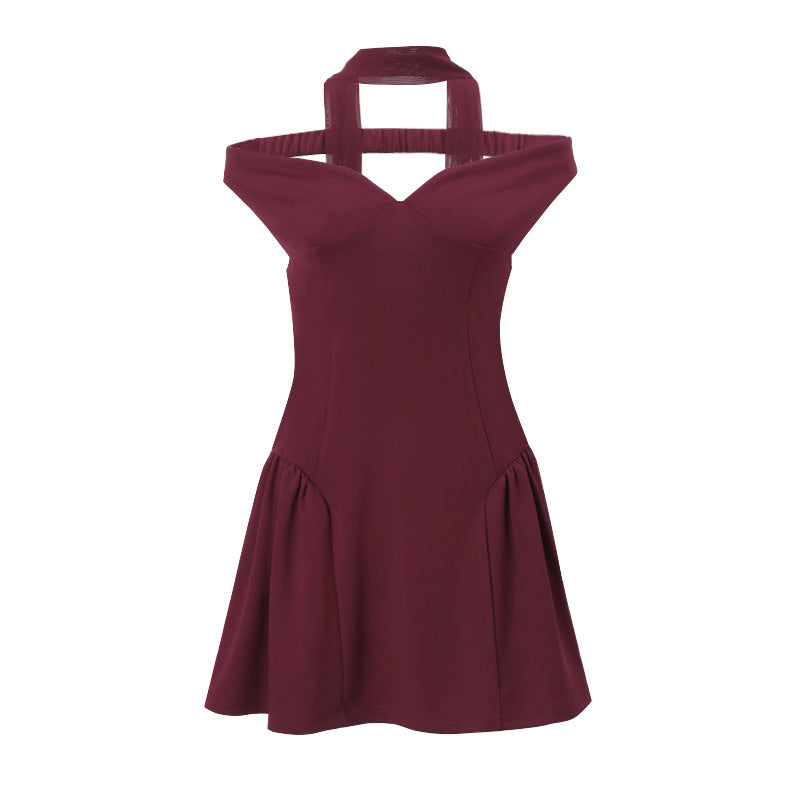 Maroon off-the-shoulder mini dress in fashionable style, perfect for elegant occasions