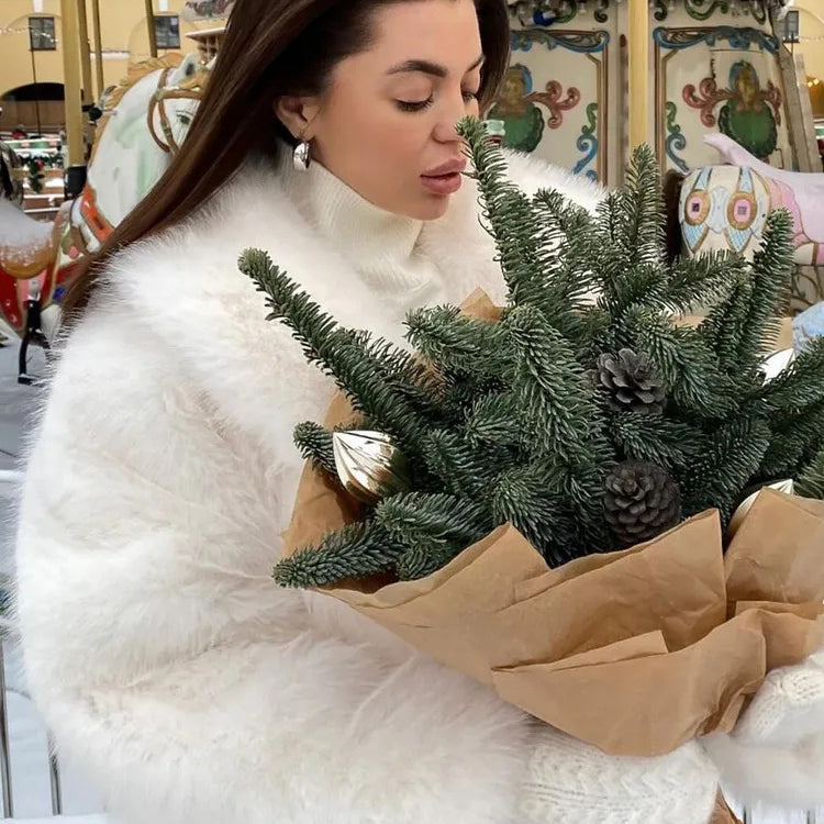 Gorgeous Langry faux fur fox jacket with white fur, brown accents, gold trim