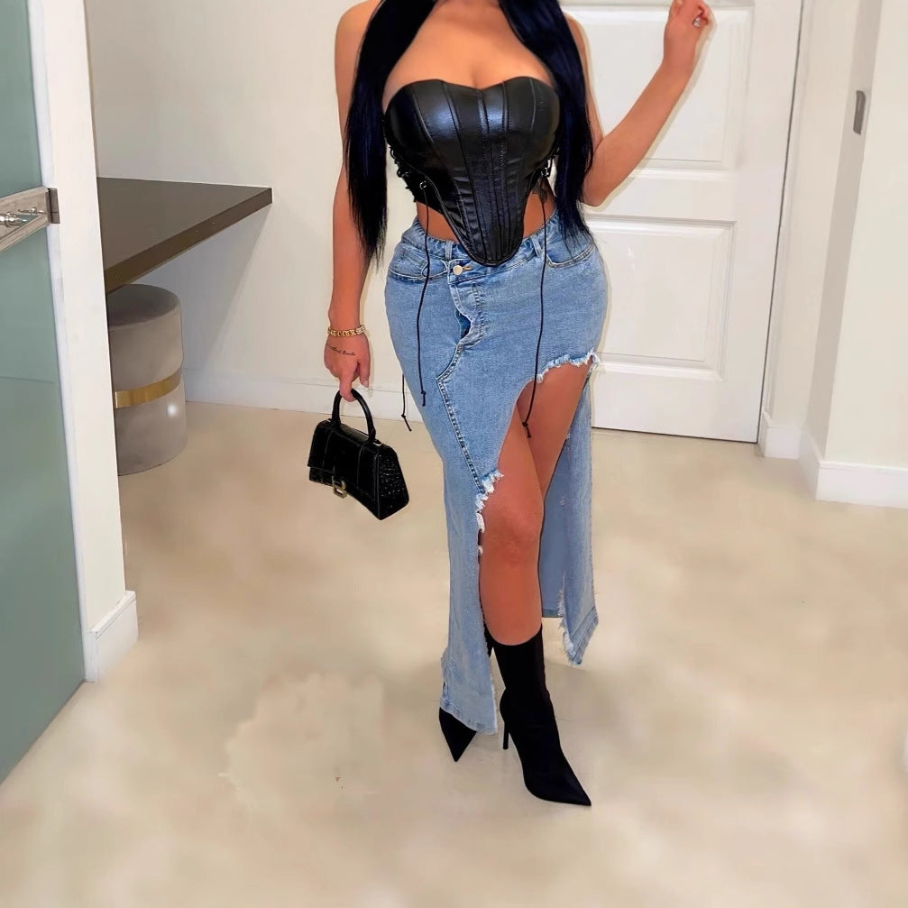 Distressed denim maxi skirt with side slit and black corset top for stylish fashion ملابس