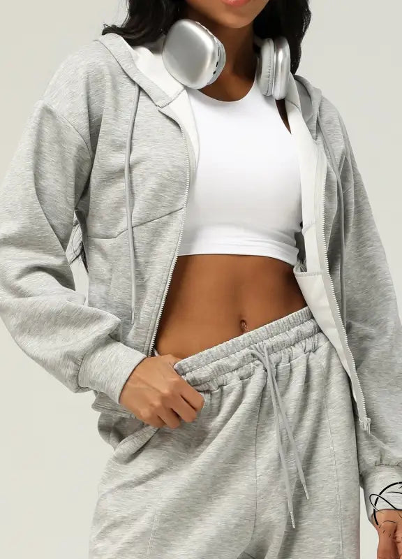 Gray zip-up casual cardigan sweater in hoodie and sweatpants set