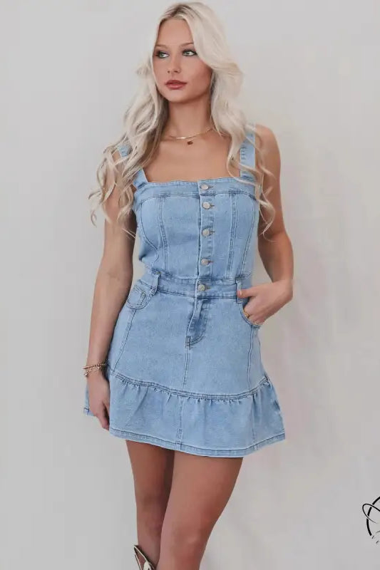 Light blue office suspenders denim dress with ruffled hem