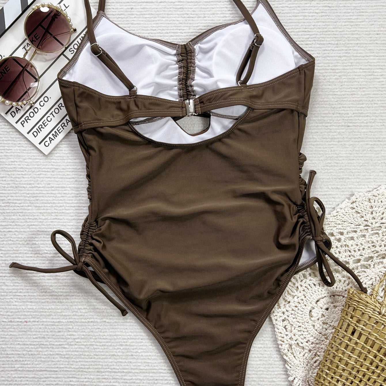 Brown Cutout Strap One Piece Swimsuit with side ties, perfect for stylish summer fashion