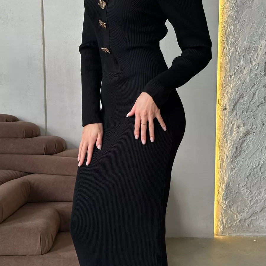 Black ribbed knit dress with square neckline and buttons, perfect for fashion lovers