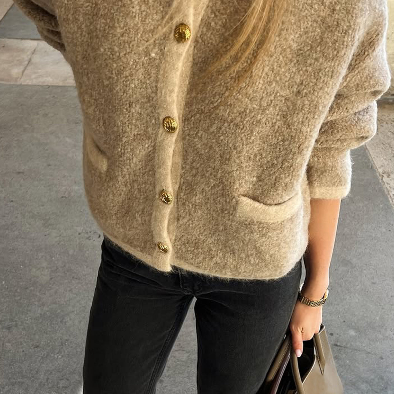 Cozy woolen shacket sweater in beige with gold buttons, regular sleeve, Langry fashion