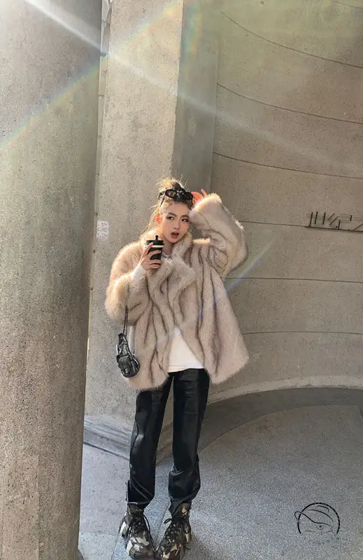 Beige faux fur oversized coat with black leather accents and floral headband