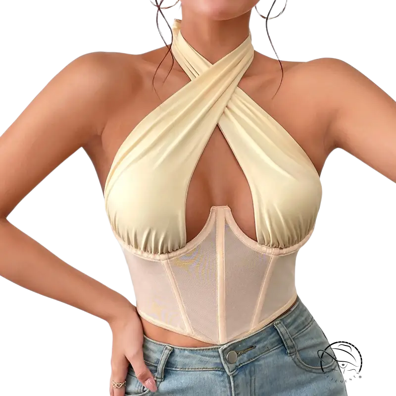 Beige sexy cross halter corset with boning