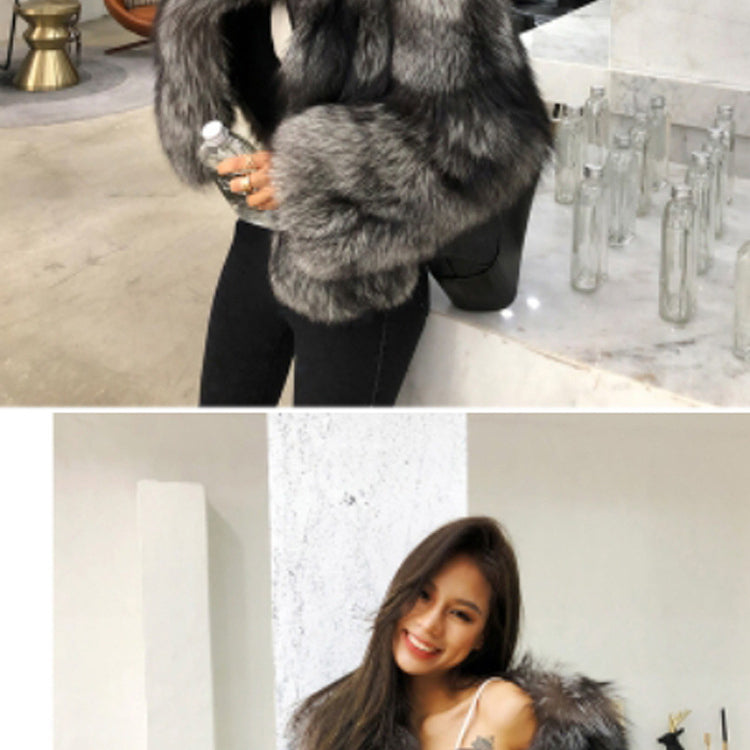 Luxurious grey faux fur coat with plush texture, embodying elegant fashion for winter