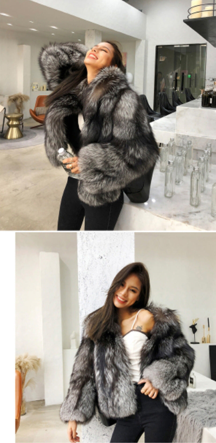 Luxurious grey faux fur coat with plush texture, embodying elegant fashion for winter