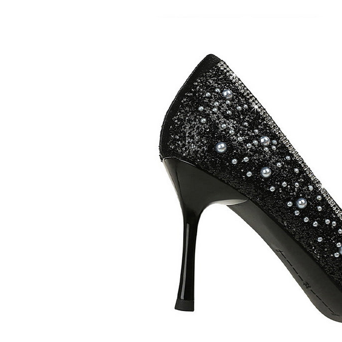 Langry black glitter stiletto pumps with pearl bowknot accents