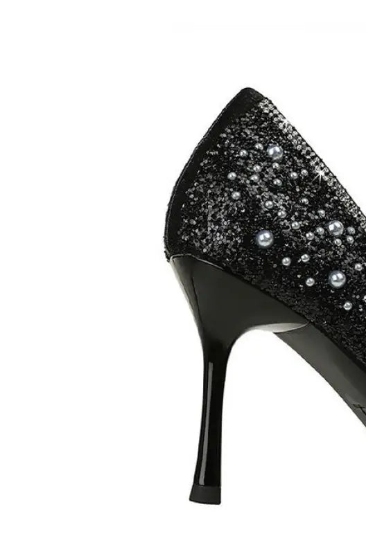 Langry fashion black glitter stiletto pump with pearl bowknot accents