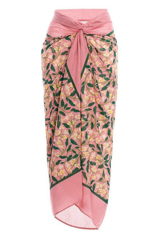 Pink floral sarong with tie waist and leaf pattern for a trendy swimsuit outfit fashion