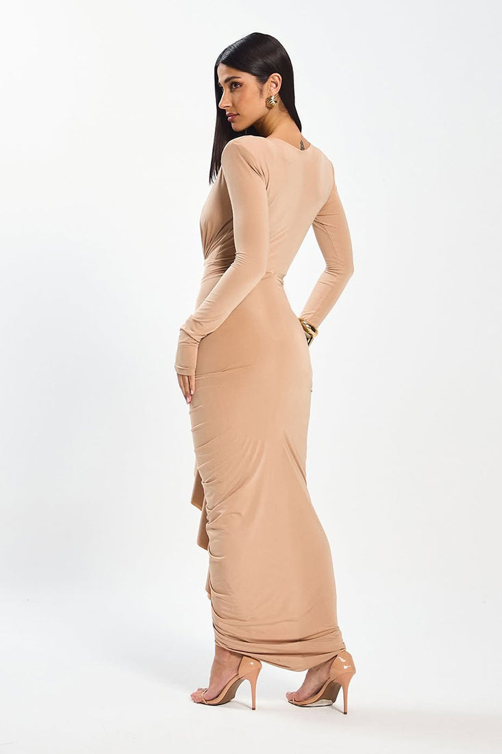 Elegant slim beige ruffled maxi evening dress with long sleeves and high heels in langry fashion