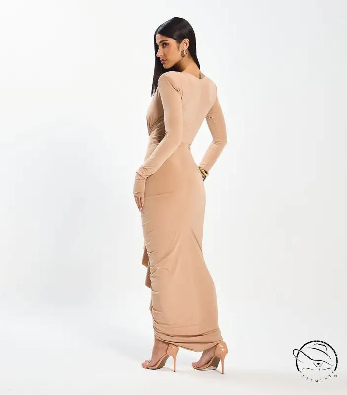 Elegant slim beige ruffled maxi dress with long sleeves and high heels in langry fashion ملابس