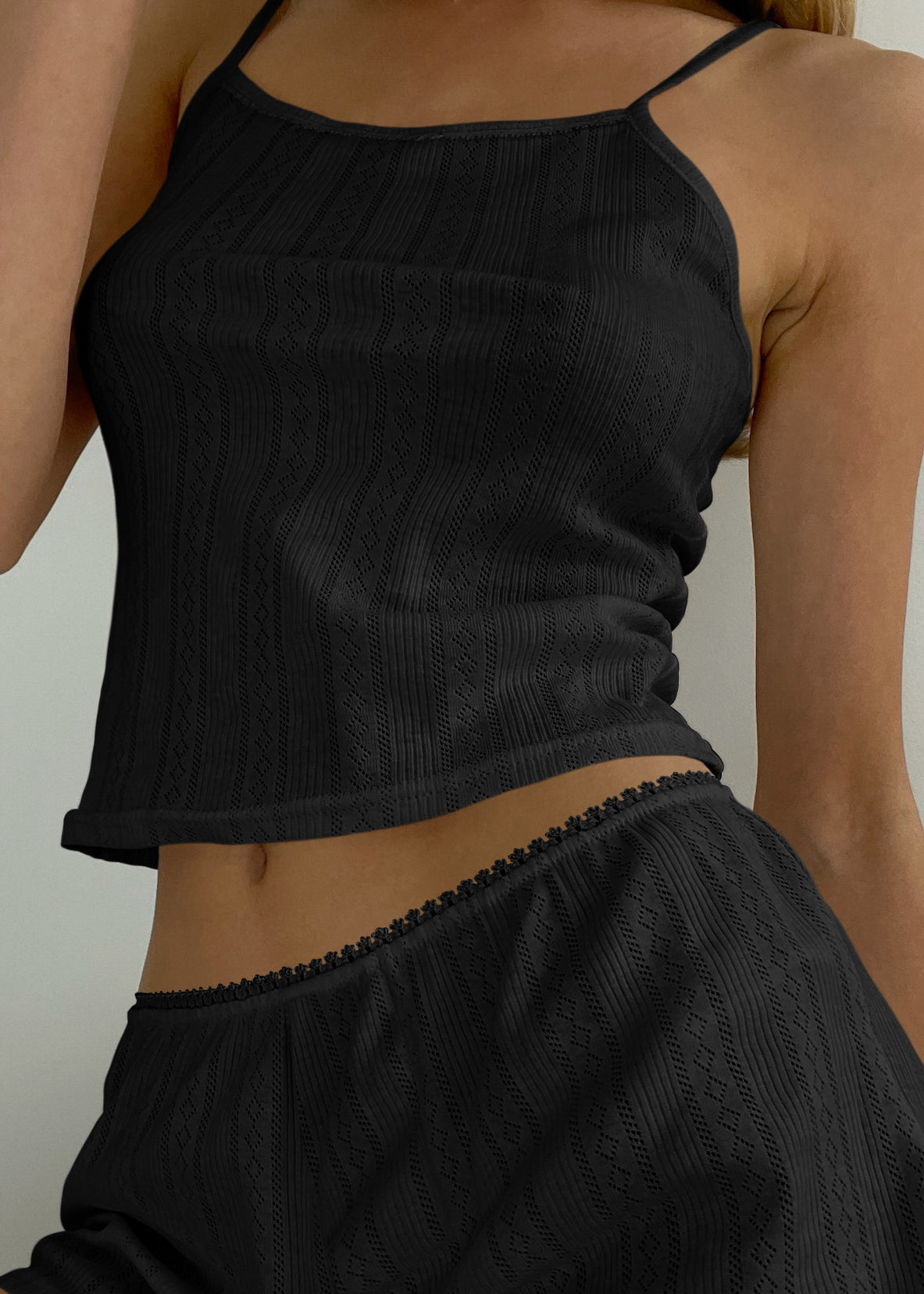 Black ribbed knit langry crop top with lace trim for fashion pajamas