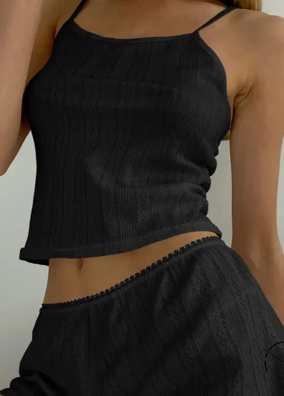 Black ribbed knit crop top with lace trim in Langry fashion pajamas