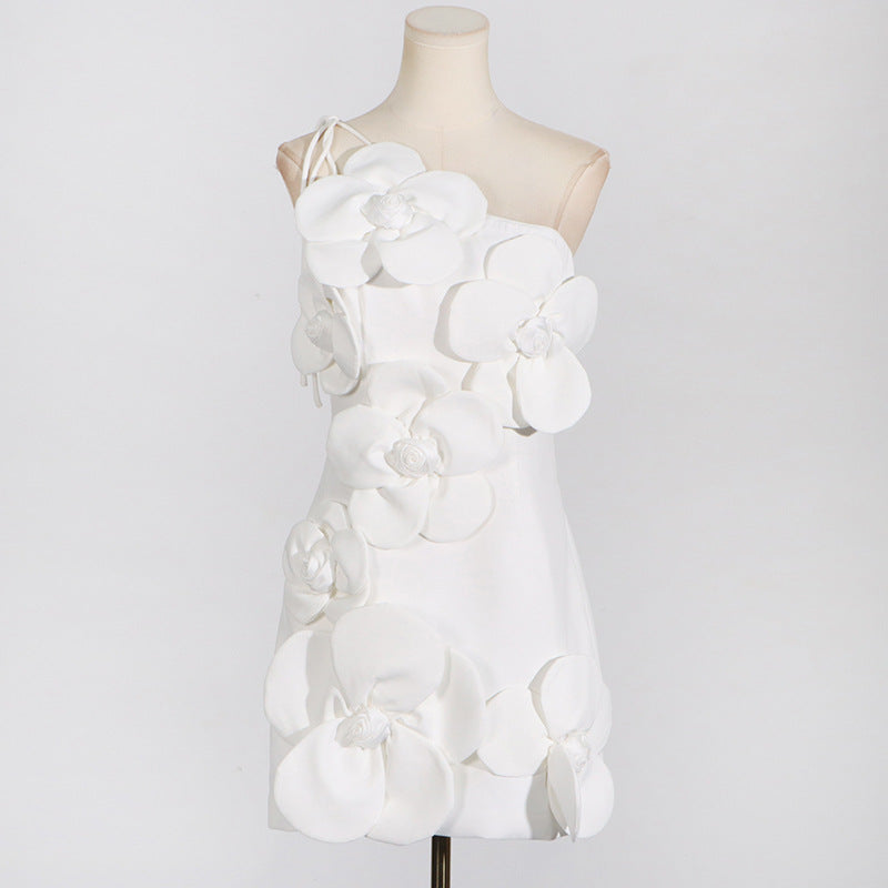 Elegant white one-shoulder dress with floral embellishments for style and fashion