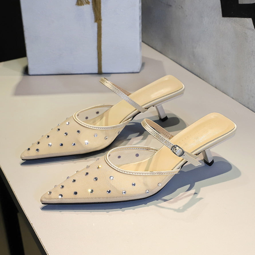 Langry fashion beige studded kitten heel mules with silver buckle strap in French Mesh Lace Half Slippers