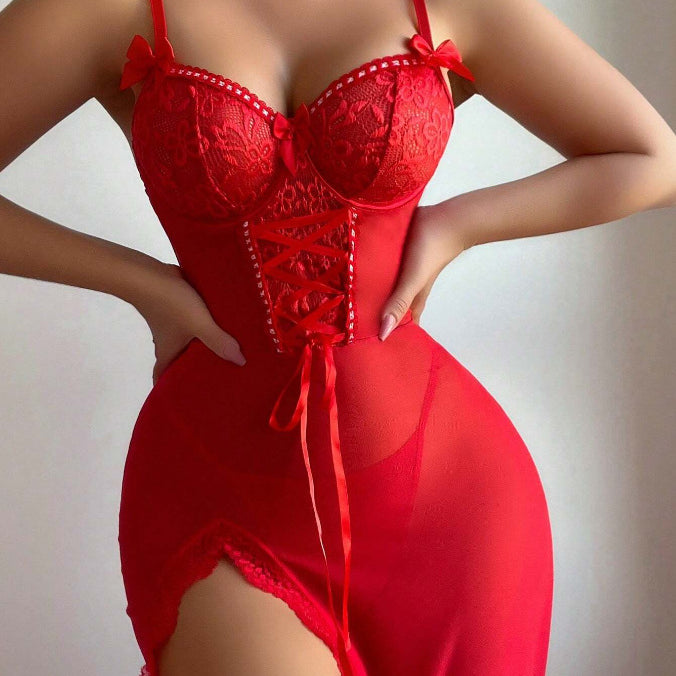 Red lace and sheer mesh lingerie chemise with high slit from Sheer Mesh Lingerie Sets, perfect for fashion and ملابس