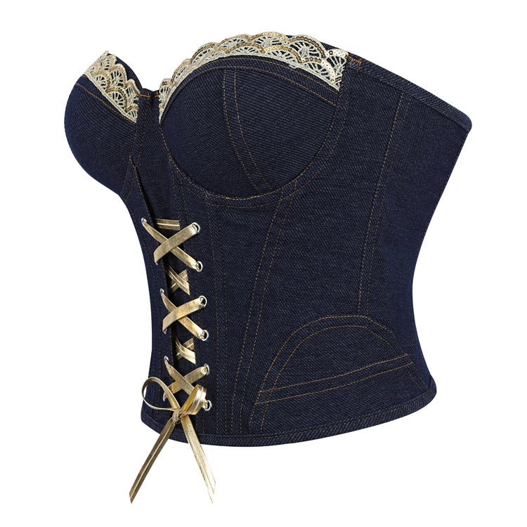 Langry denim lace-up corset in black blue with steel ring cup, gold floral accents