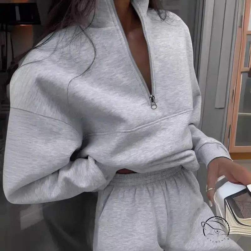 Grey langry fashion zip-up sweatshirt with oversized sleeves, relaxed fit