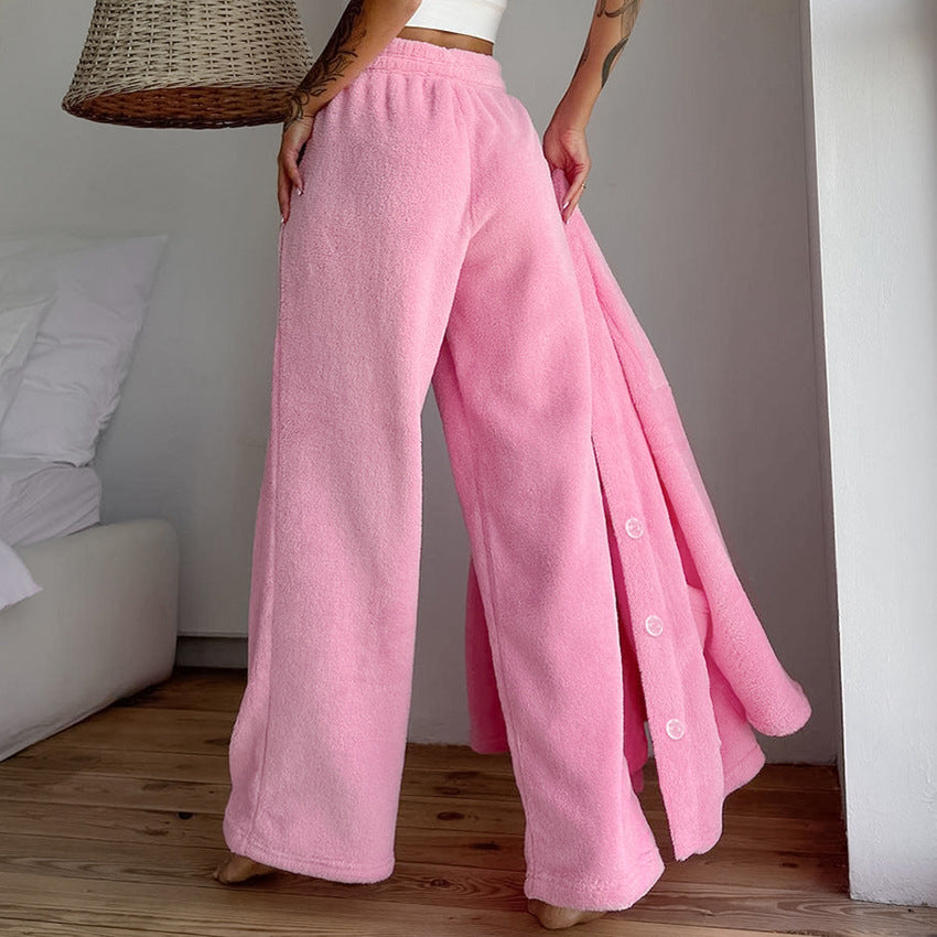 Pink plush wide-leg pants with snap buttons, perfect for knitting cardigan warm pajamas