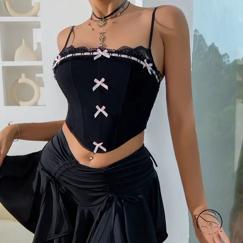 Black lace bow low cut corset vest with pink bows