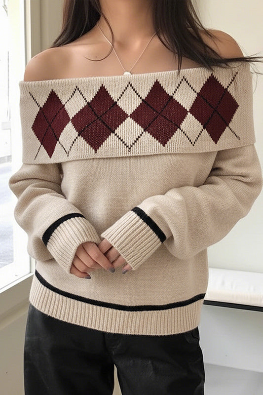 Elegant Langry beige argyle off-shoulder fashion sweater