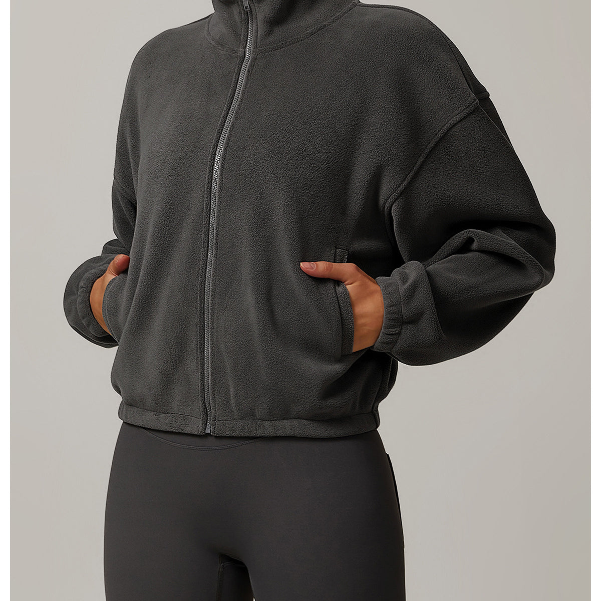 Dark gray Polar Fleece Thick Warm Jacket with dropped shoulders and side pockets, langry fashion