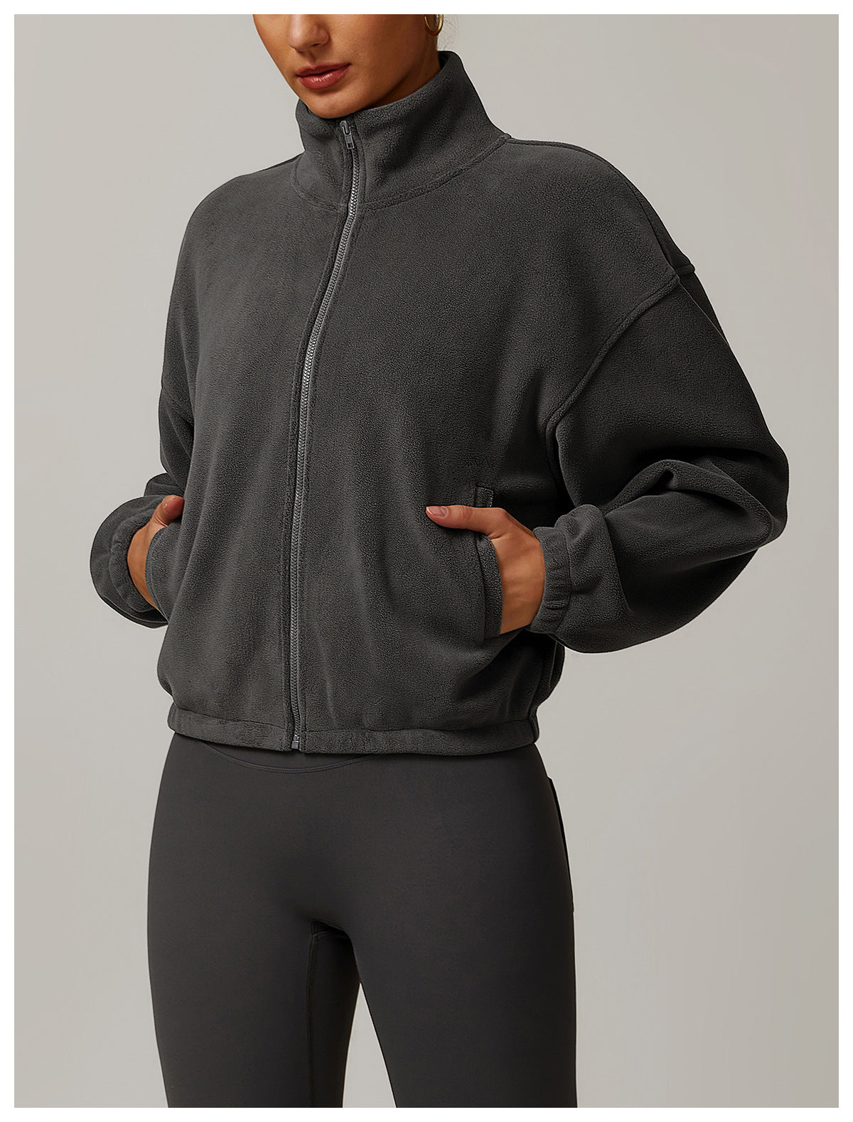 Dark gray Polar Fleece Thick Warm Jacket with dropped shoulders and side pockets, langry fashion