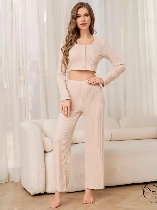 Woman in ribbed knit crop top and pants, winter casual two piece pajamas