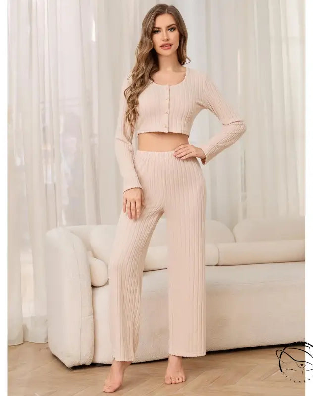 Woman in ribbed knit crop top and pants, winter casual two piece pajamas
